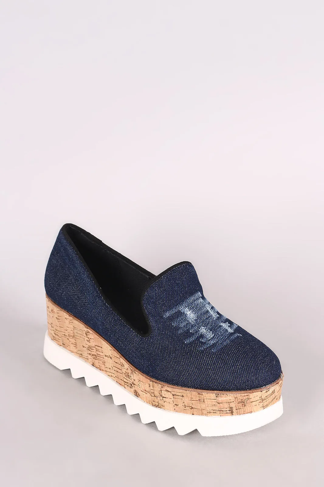 Bamboo Distressed Denim Lug Sole Loafer Platform Wedge