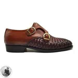 Bespoke Handmade Dress Woven Leather Shoes For Men's,Double Monk Strap Derby Casual Shoes