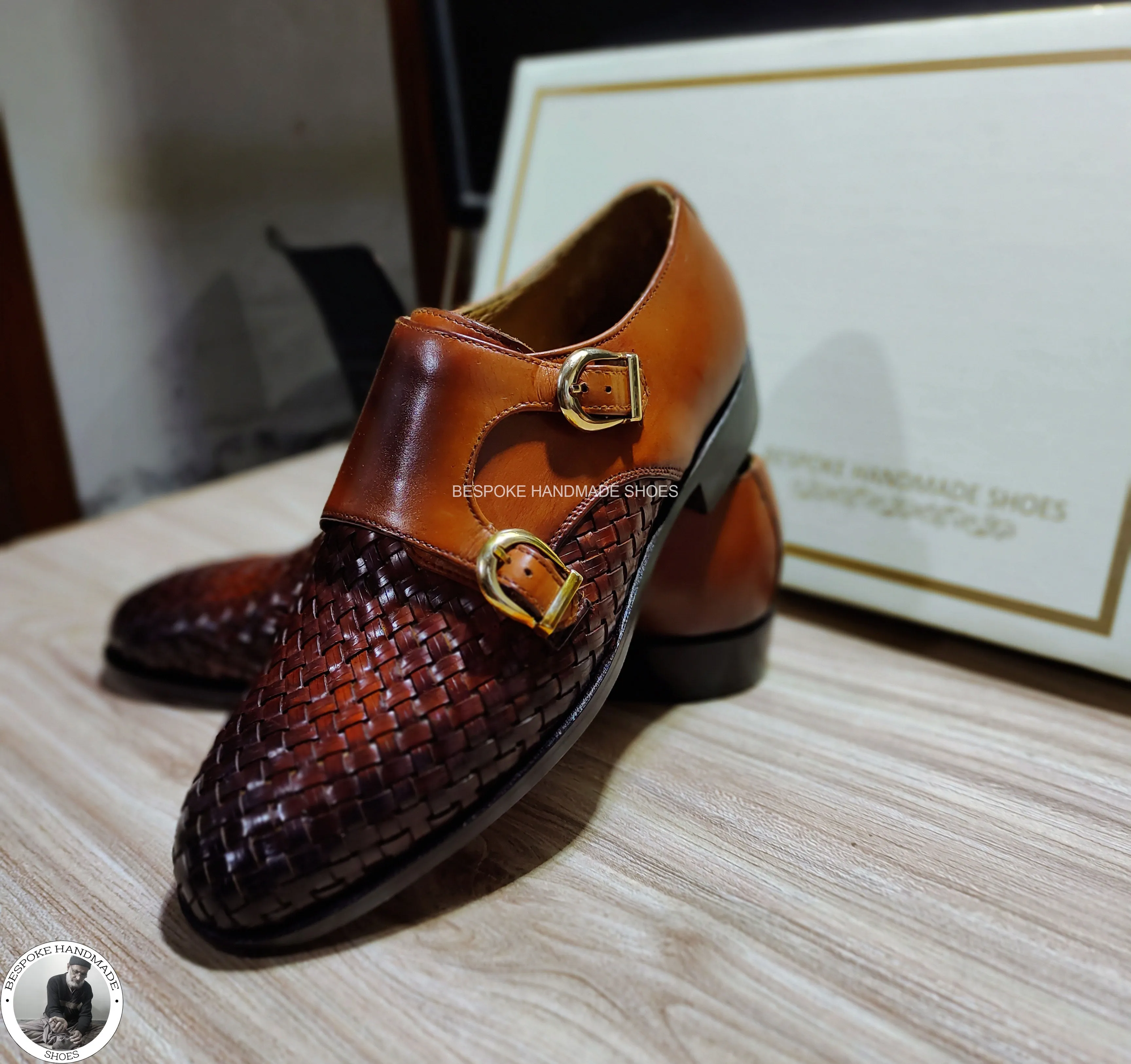 Bespoke Handmade Dress Woven Leather Shoes For Men's,Double Monk Strap Derby Casual Shoes