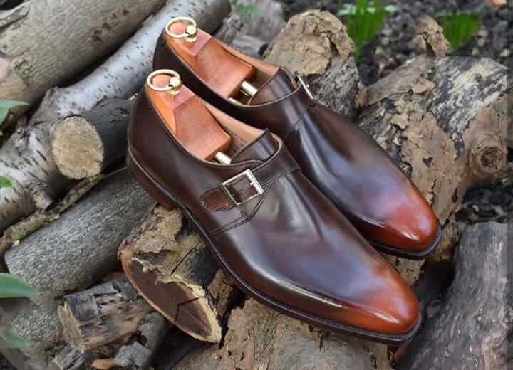 Bespoke Two Tan Leather Monk Strap Shoes for Men's