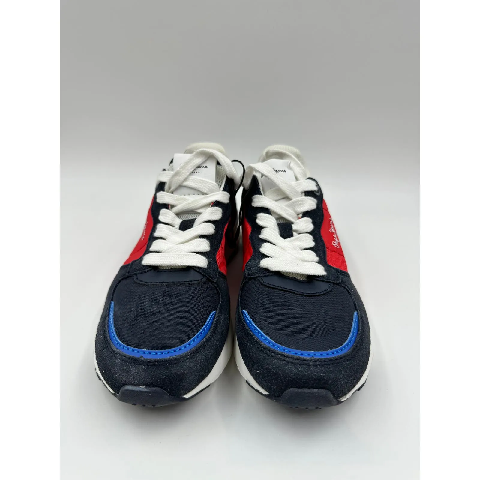 Big Kid Size 2, Fashion Blue and Red Sneakers, with White Laces and Suede Trim