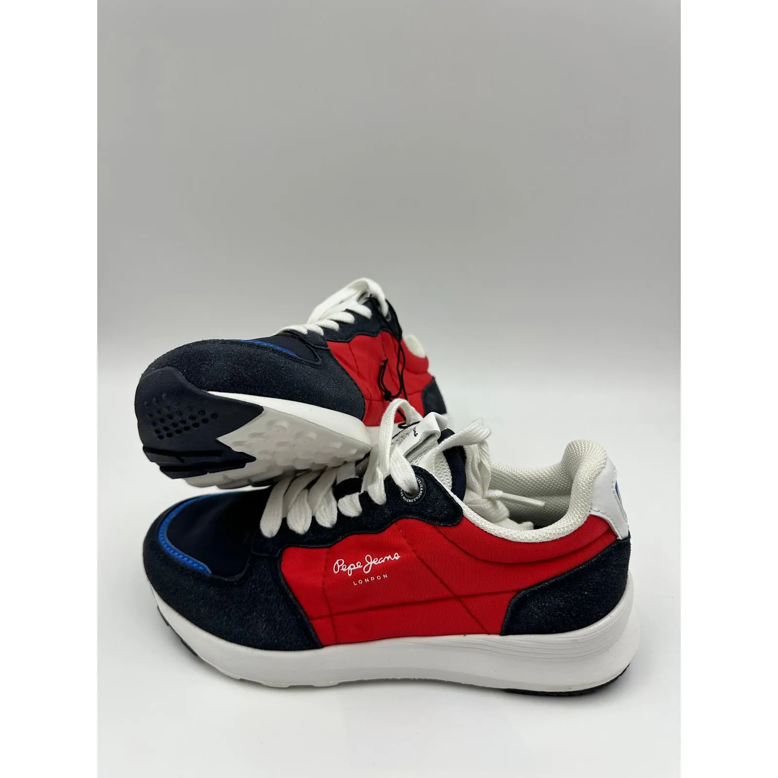 Big Kid Size 2, Fashion Blue and Red Sneakers, with White Laces and Suede Trim