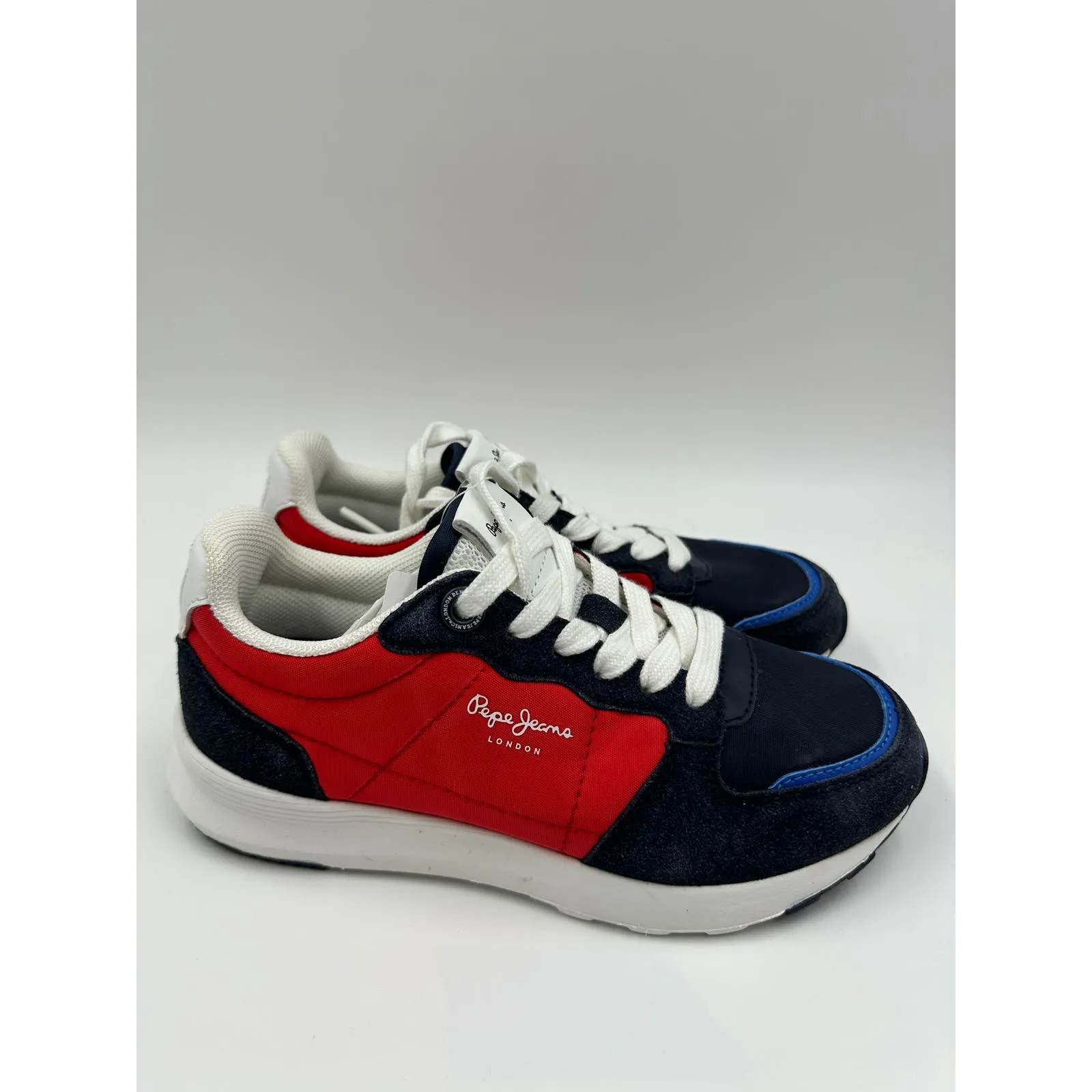 Big Kid Size 2, Fashion Blue and Red Sneakers, with White Laces and Suede Trim