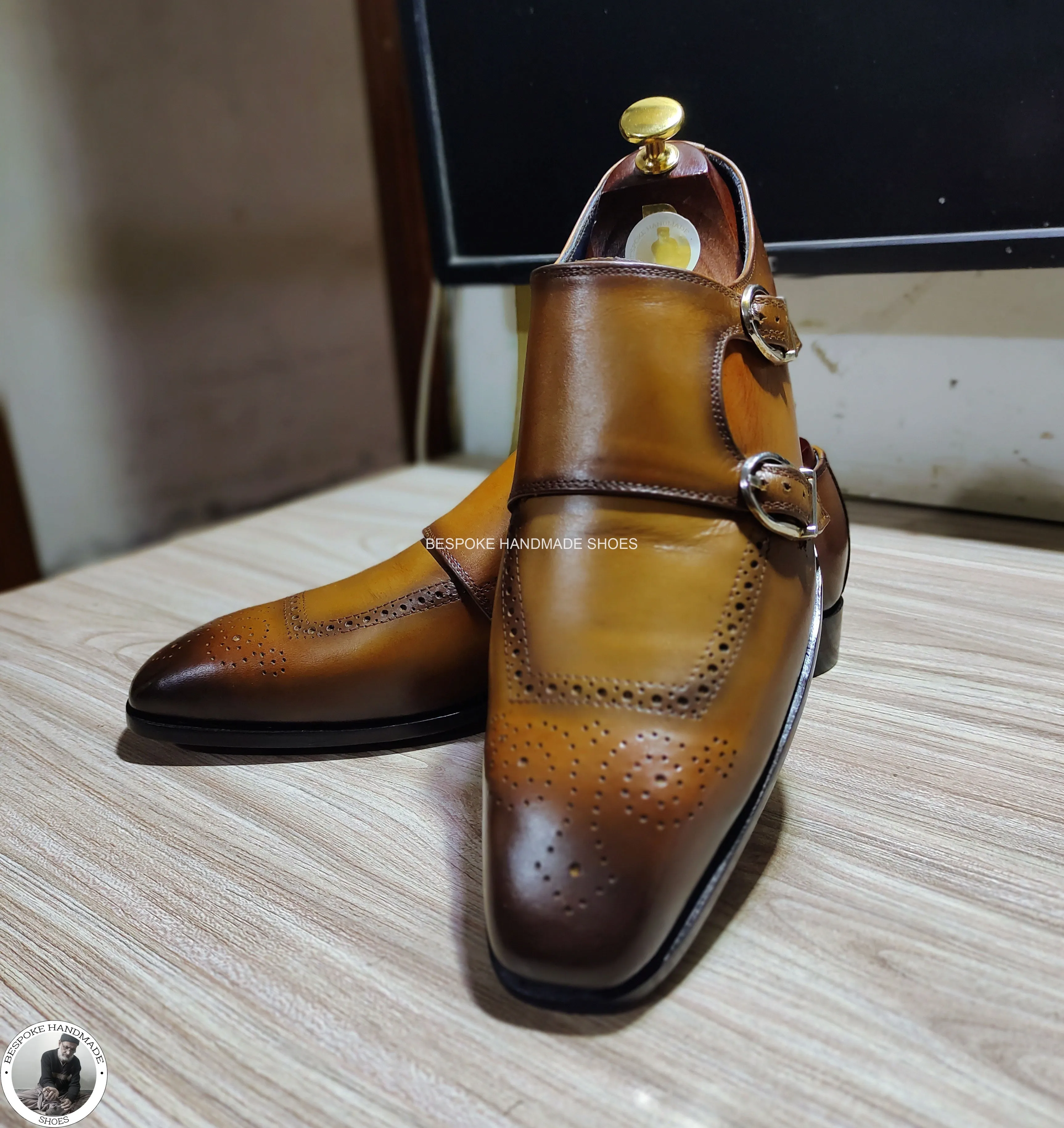 Buy Handmade Men Brown Leather Black Shaded, Double Monk Strap Wingtip Dress Shoes