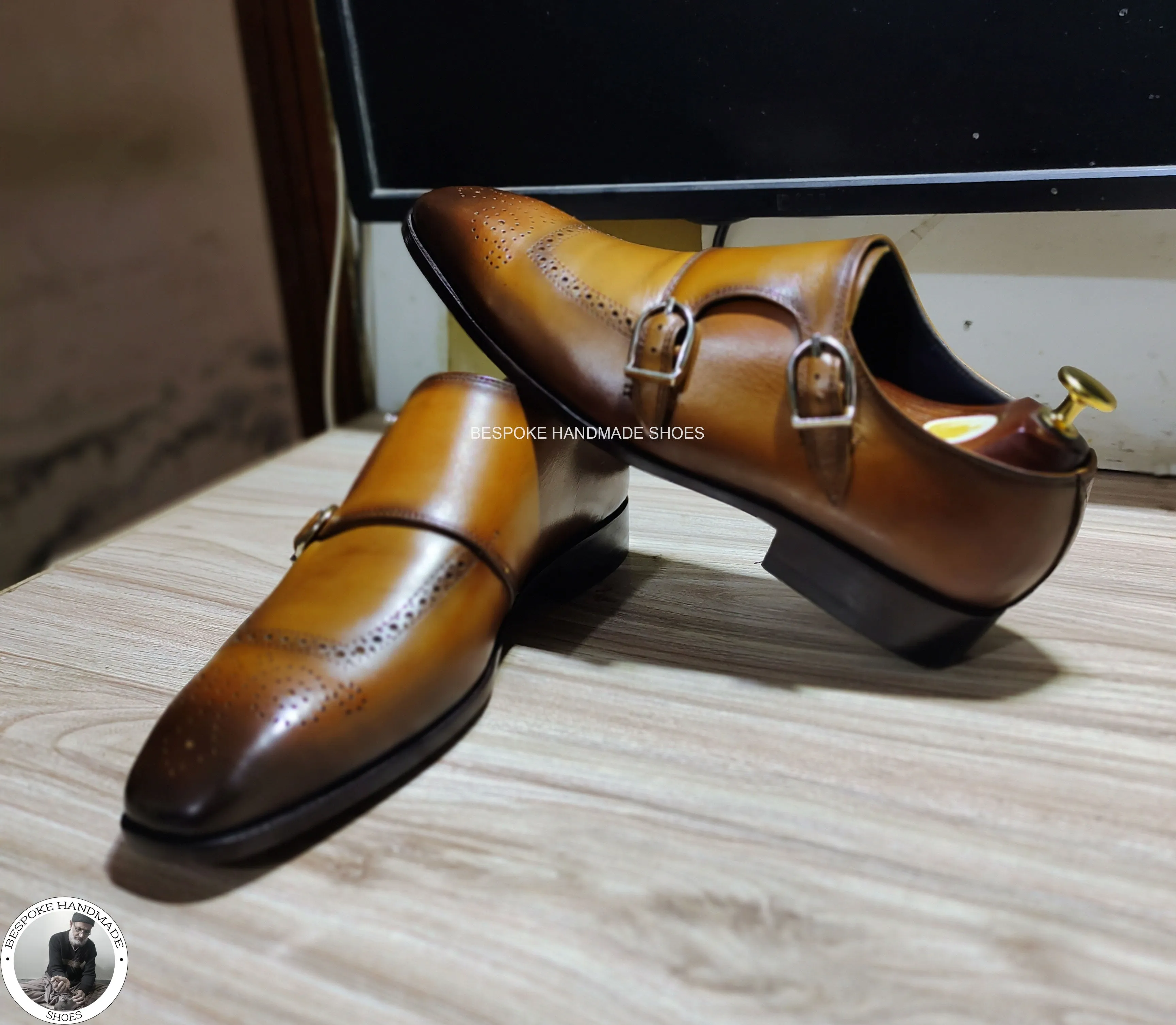 Buy Handmade Men Brown Leather Black Shaded, Double Monk Strap Wingtip Dress Shoes