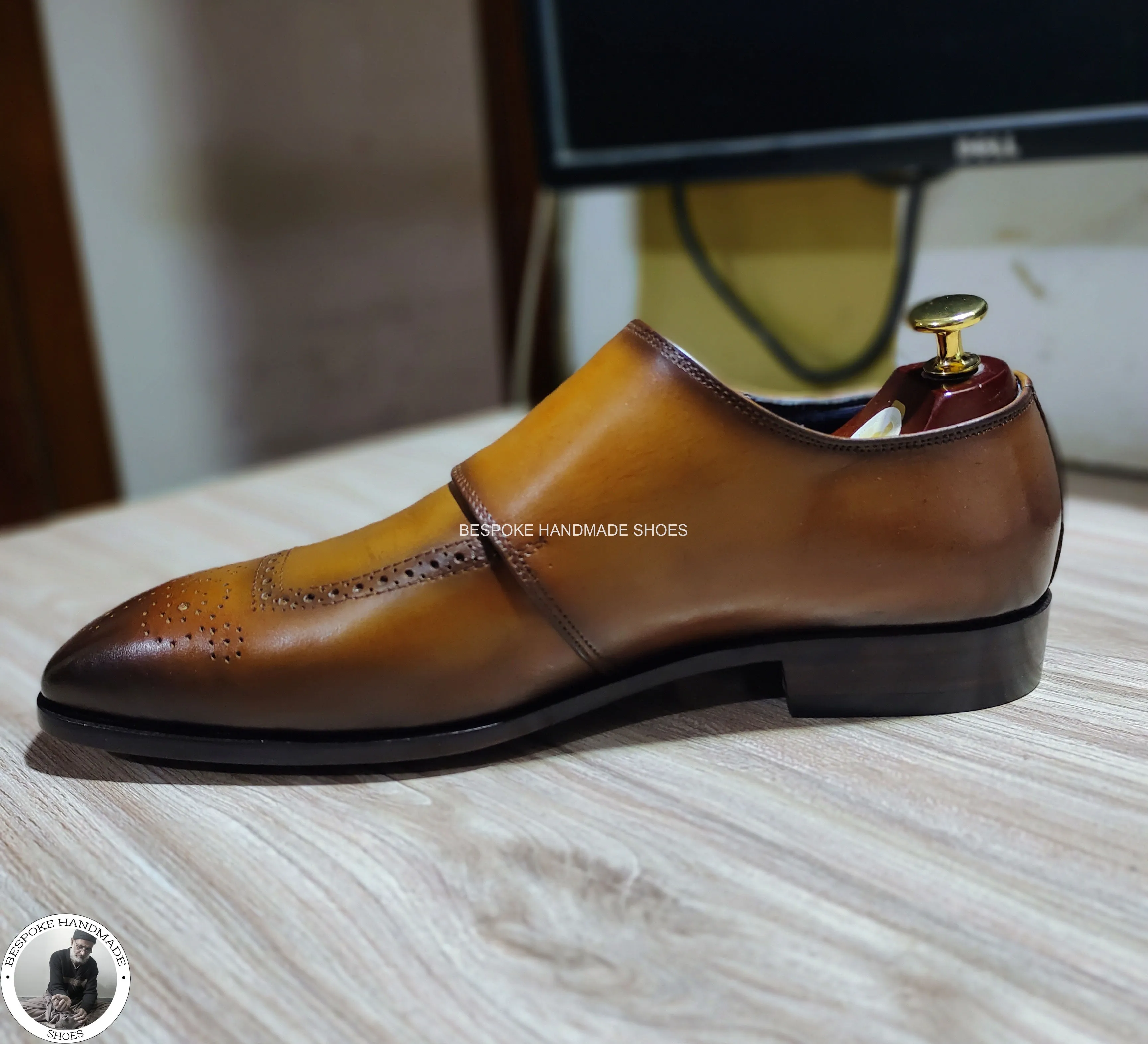 Buy Handmade Men Brown Leather Black Shaded, Double Monk Strap Wingtip Dress Shoes