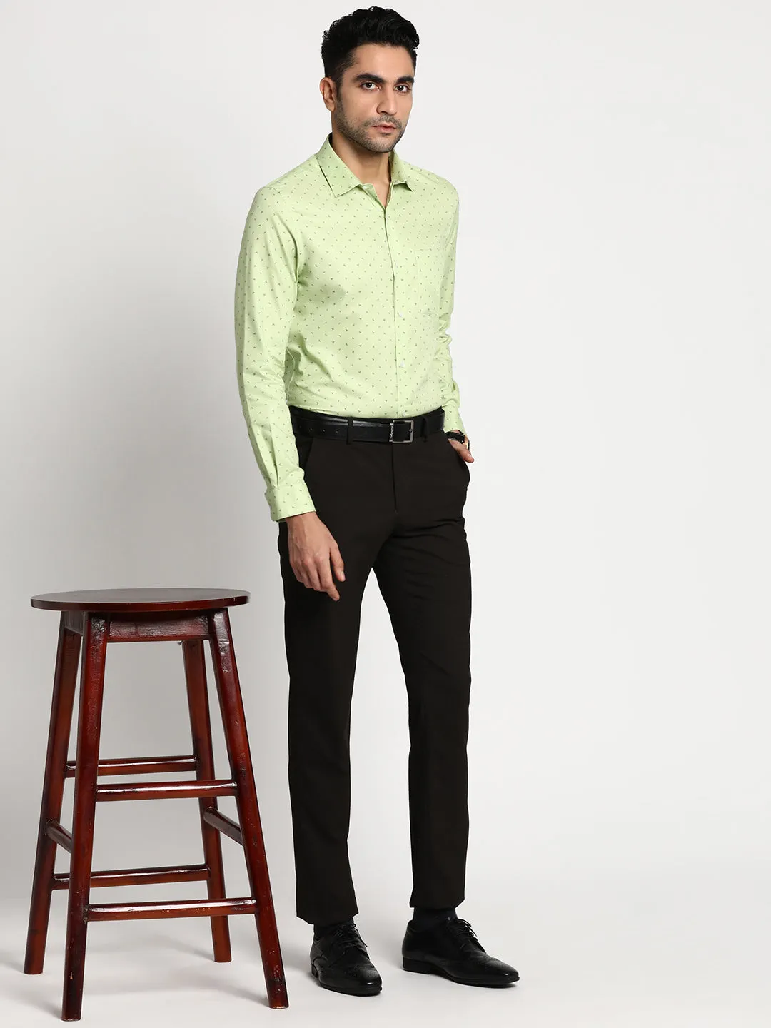 Cotton Light Green Slim Fit Printed Formal Shirt