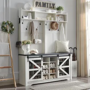 everyday Farmhouse Hall Tree with Bench and 20 Shoe Storage, Entryway Bench with Sliding Barn Door, and 12 Coat Hooks, White