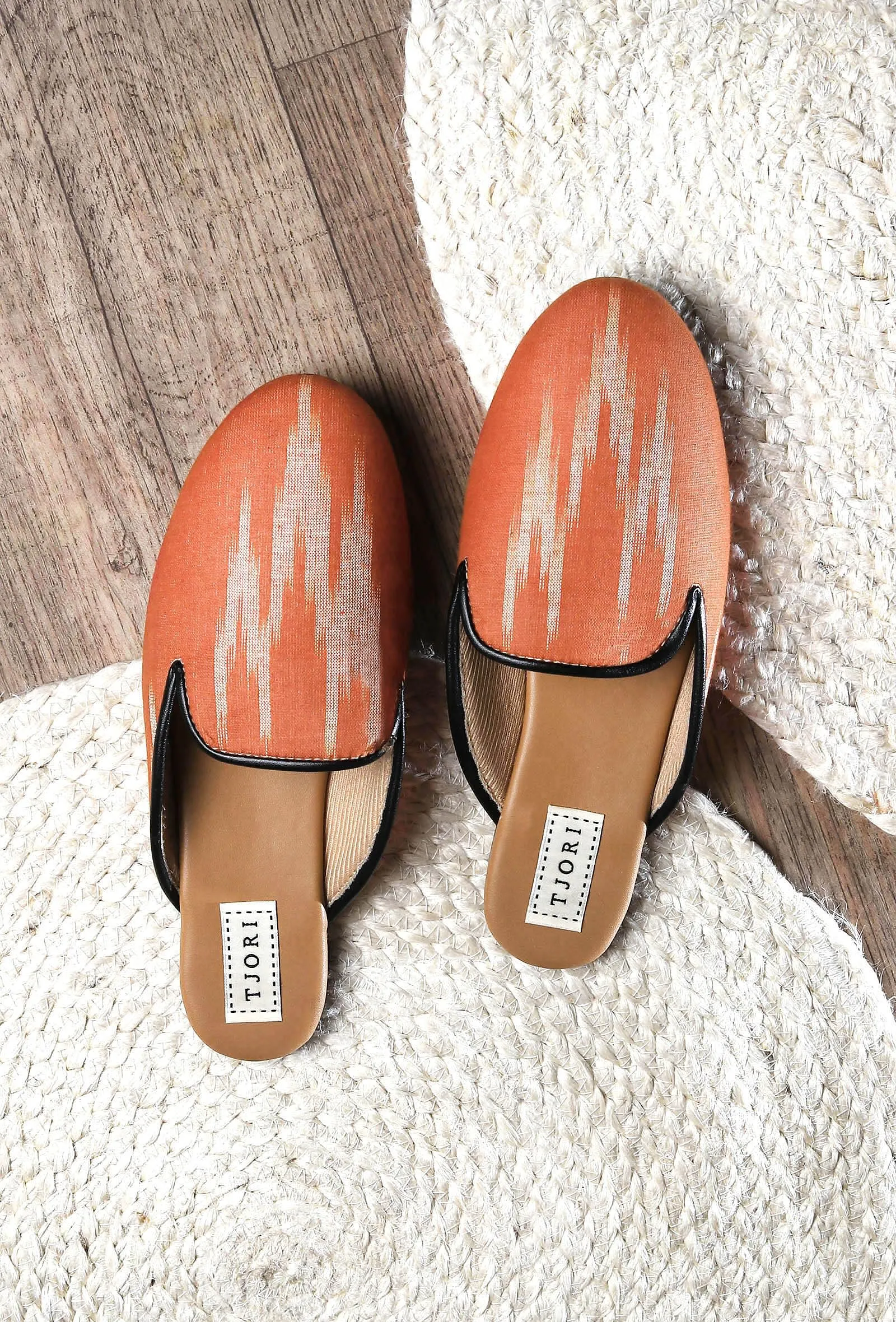 Fire Orange & Tawny Brown Ikat flat Cruelty Free Leather Mules