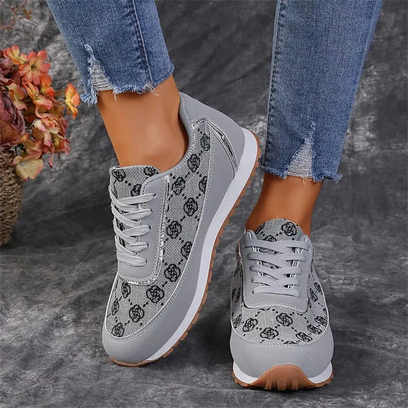 Flower Print Lace-Up Sneakers for Women