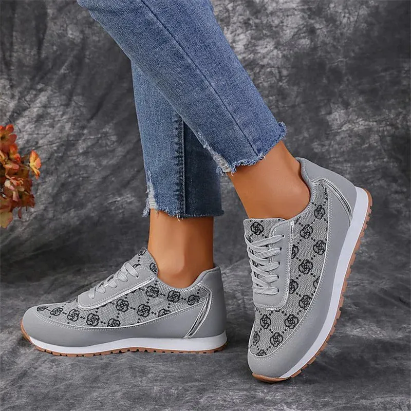 Flower Print Lace-Up Sneakers for Women