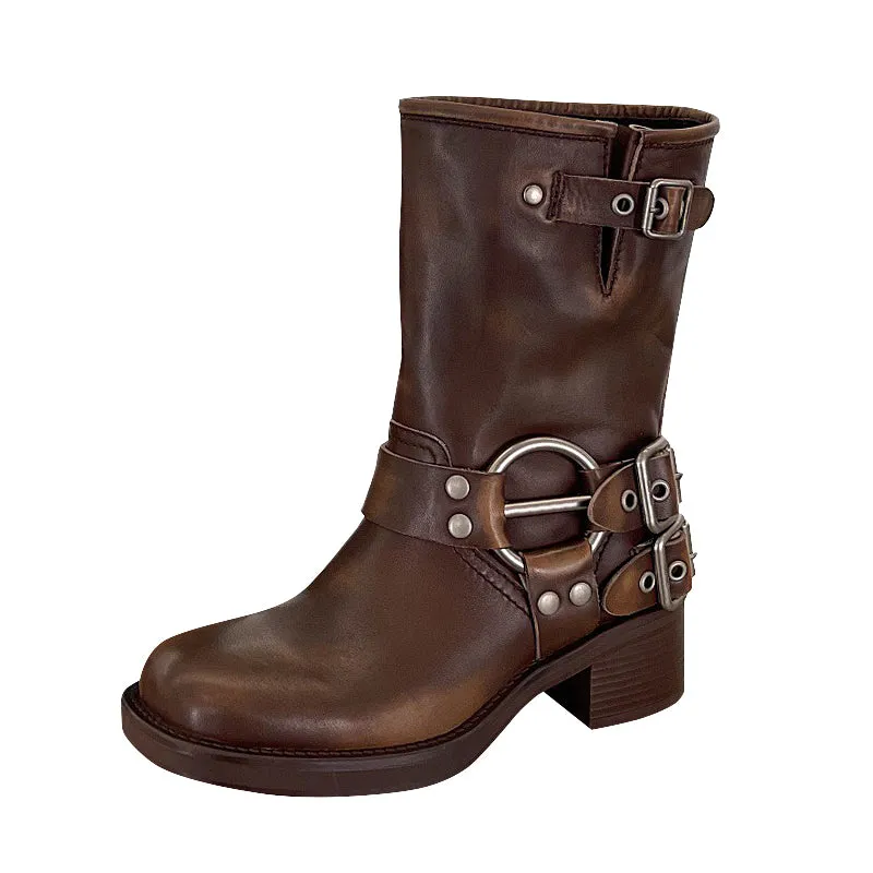 Genuine Leather Short Boots For Women Western Cowboy Boots Riding Boots Big Round Toe