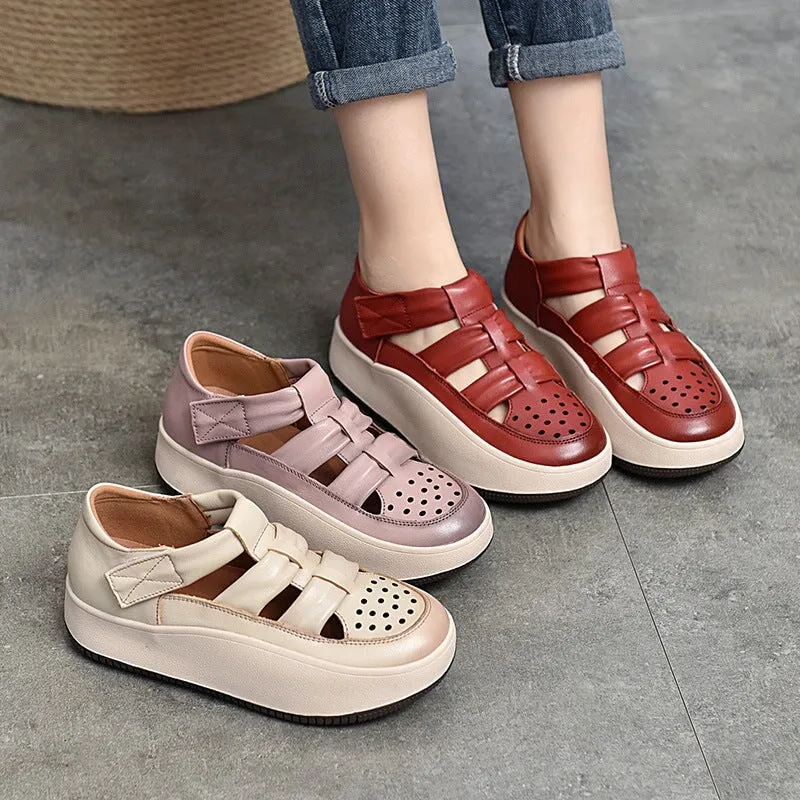 Leather Touch-strap Perforated Platform Sneakers for Women in Beige/Purple/Red