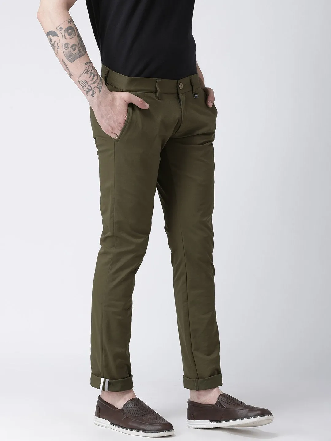 Men Olive Slim Fit Solid Chinos