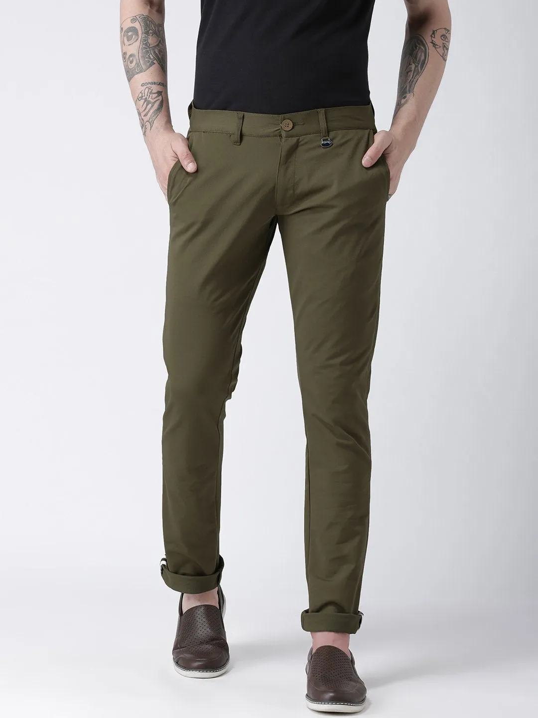 Men Olive Slim Fit Solid Chinos