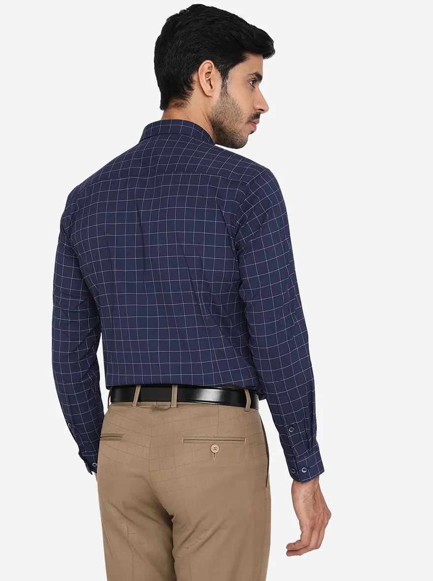 Navy Blue & White Checked Slim Fit Formal Shirt | Greenfibre