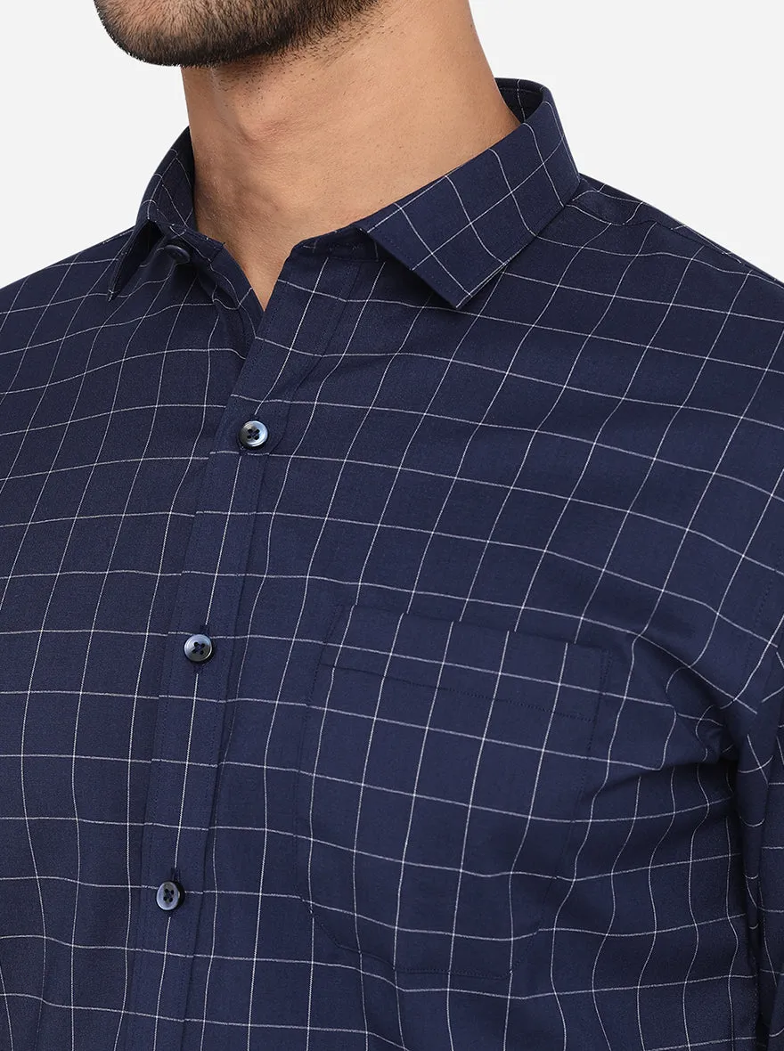 Navy Blue & White Checked Slim Fit Formal Shirt | Greenfibre