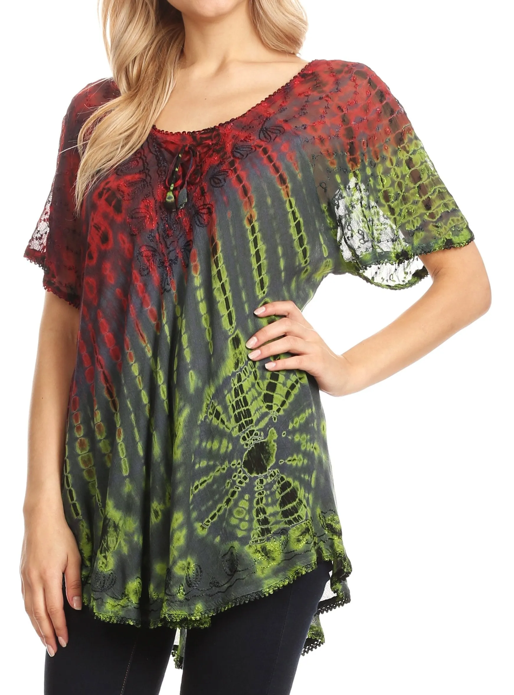 Sakkas Splenka Long Tie Dye Embroidered Corset Neck Cap Sleeve Blouse Shirt Top