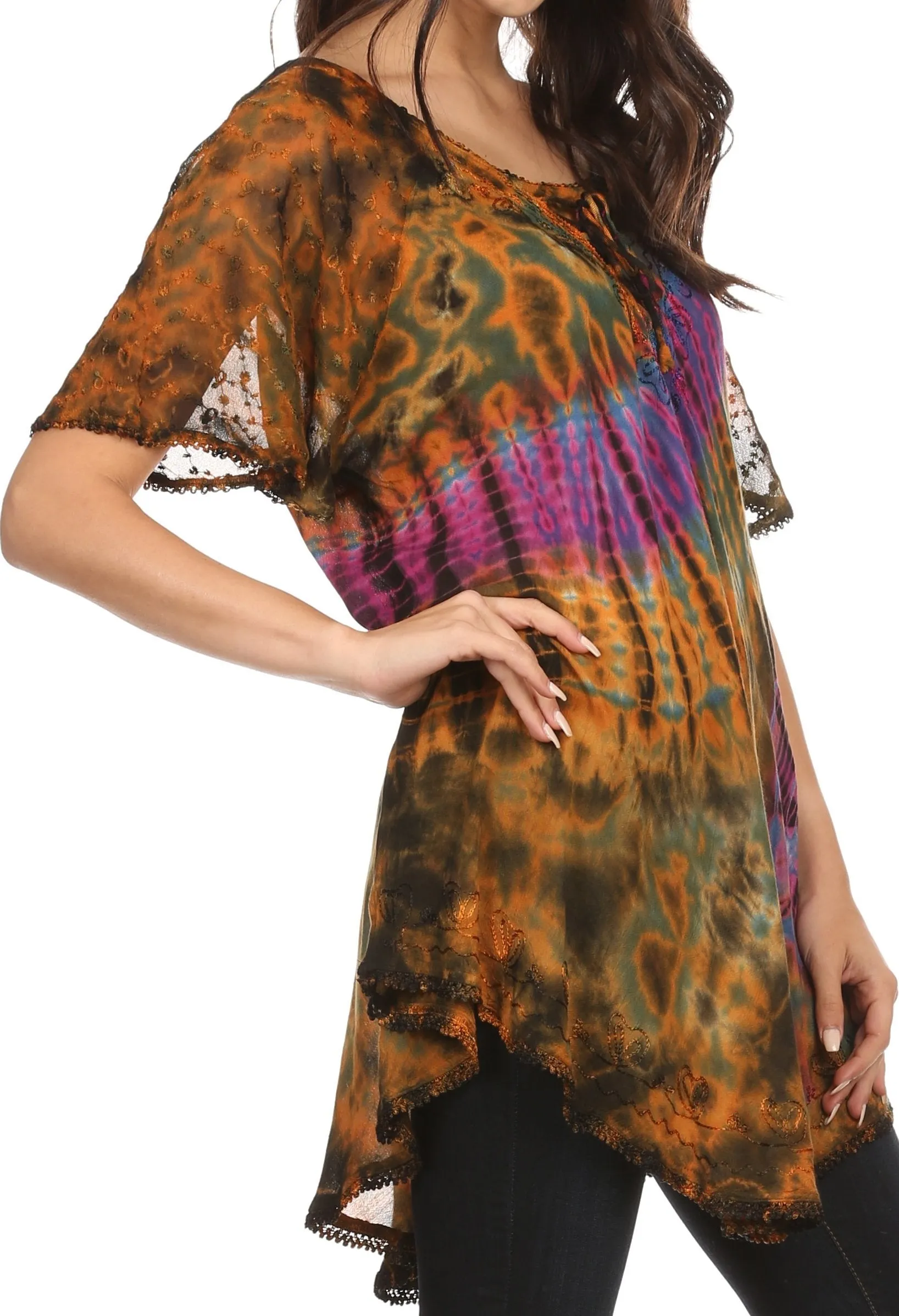 Sakkas Splenka Long Tie Dye Embroidered Corset Neck Cap Sleeve Blouse Shirt Top