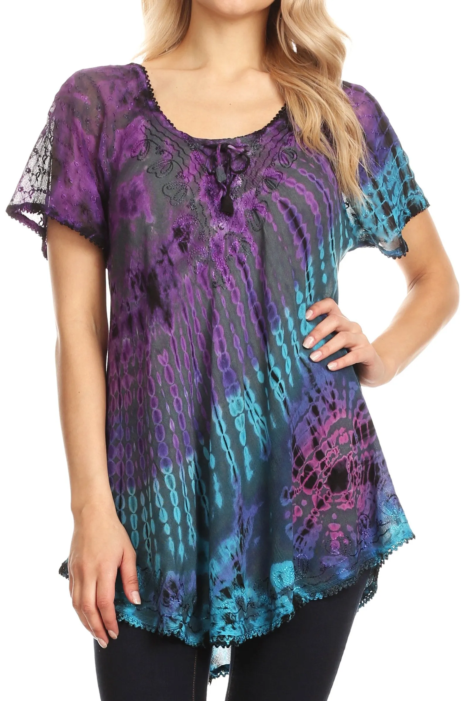 Sakkas Splenka Long Tie Dye Embroidered Corset Neck Cap Sleeve Blouse Shirt Top