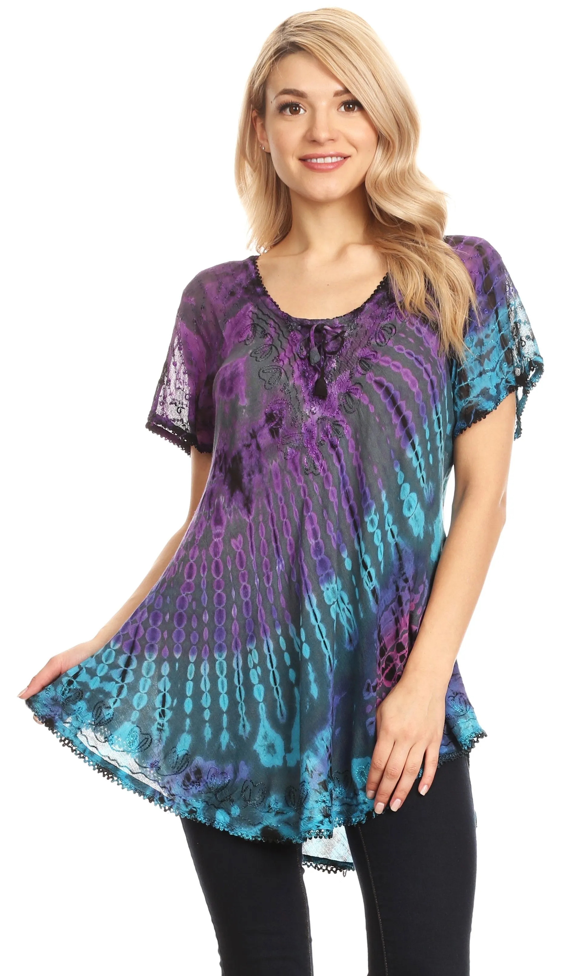 Sakkas Splenka Long Tie Dye Embroidered Corset Neck Cap Sleeve Blouse Shirt Top