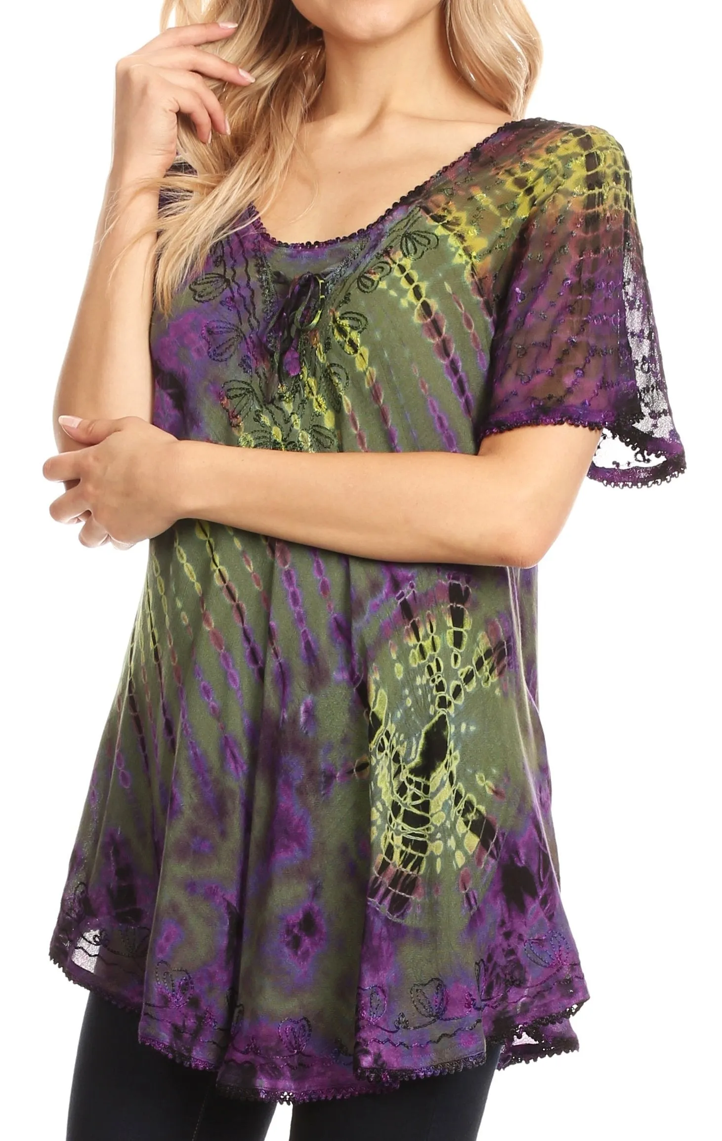 Sakkas Splenka Long Tie Dye Embroidered Corset Neck Cap Sleeve Blouse Shirt Top