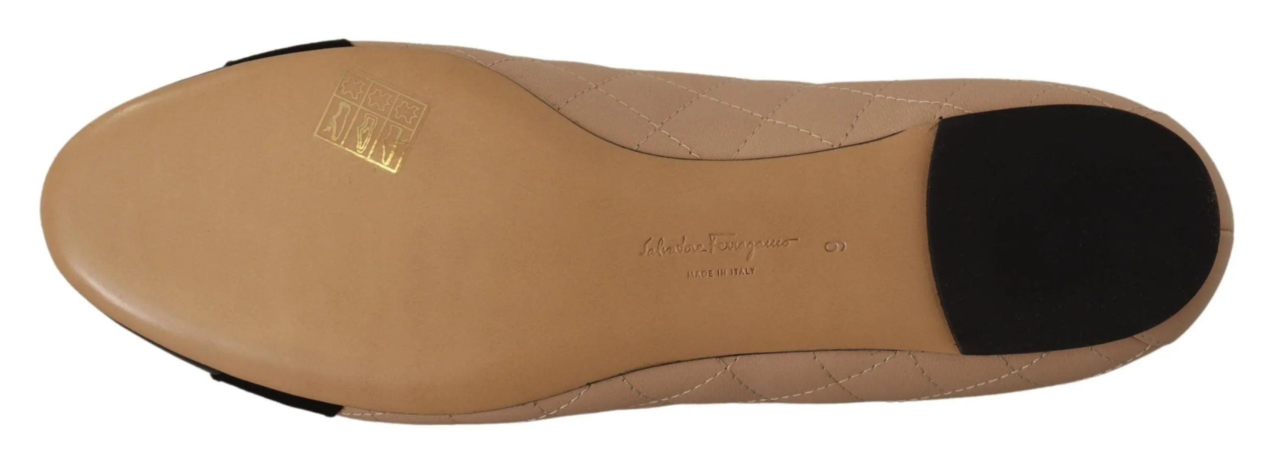 Salvatore Ferragamo Beige and Black Nappa Leather Ballet Flat Shoes