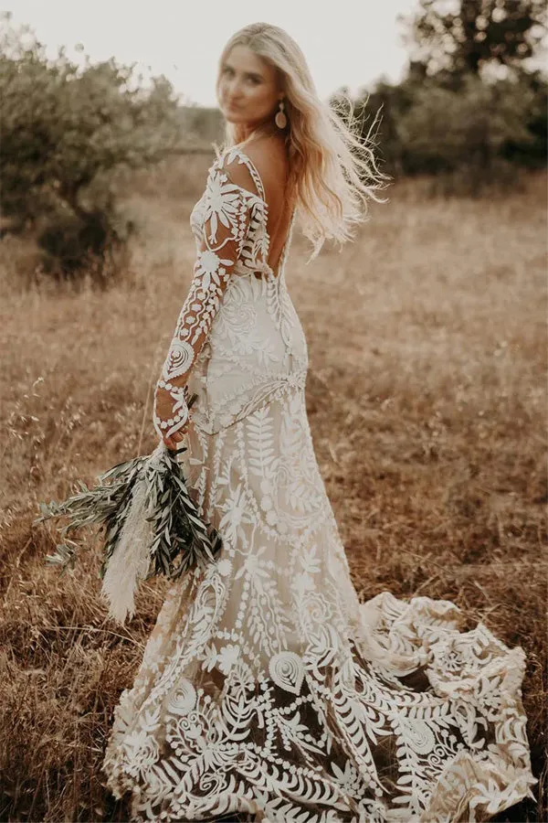 Sheath Unique Lace Long Sleeves Bohemian Wedding Dress  WD752