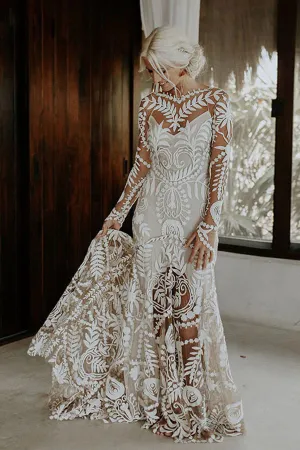 Sheath Unique Lace Long Sleeves Bohemian Wedding Dress  WD752