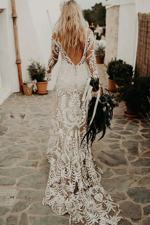 Sheath Unique Lace Long Sleeves Bohemian Wedding Dress  WD752