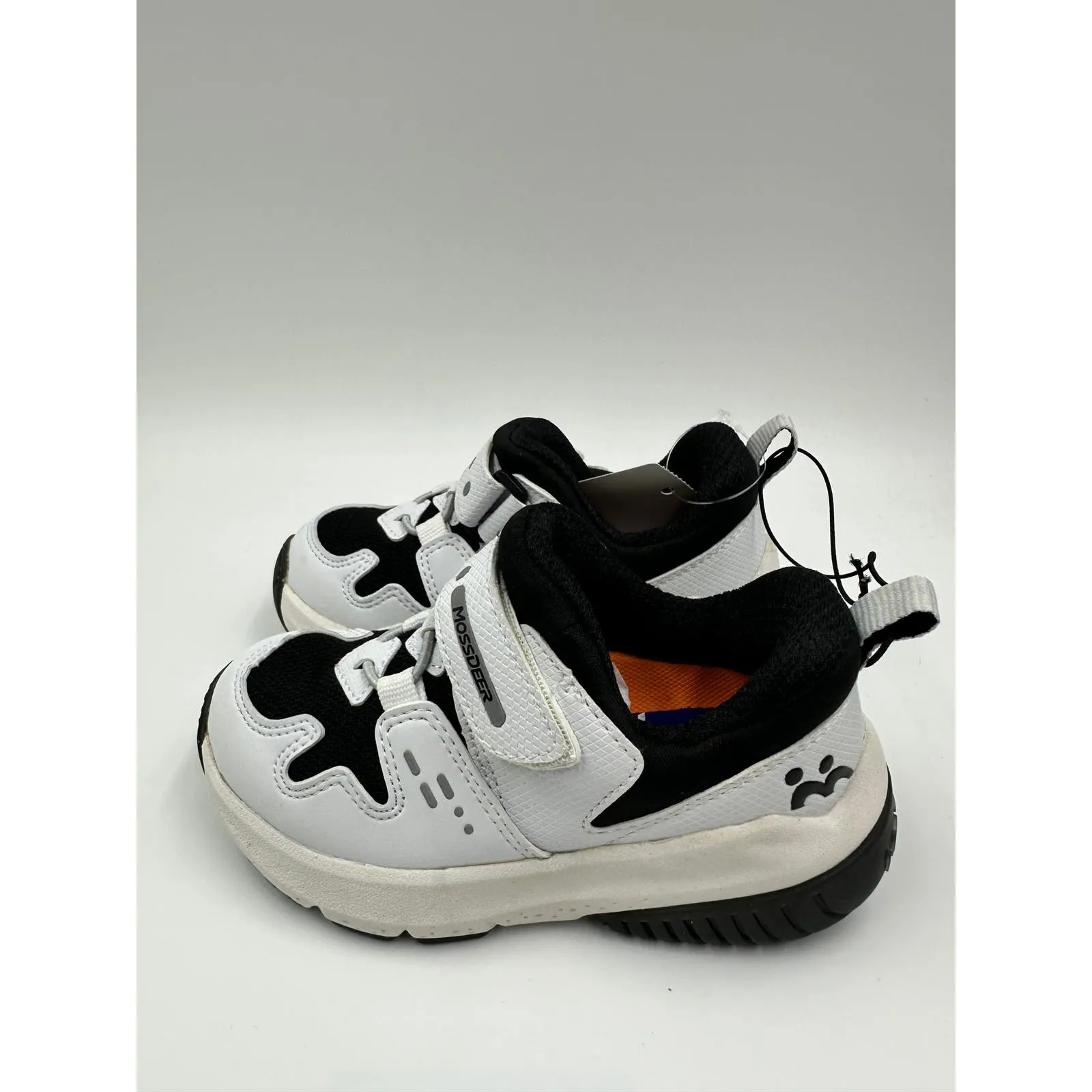 Small Kid Size 9, White Sneakers with Black Trim and Accents with Straps