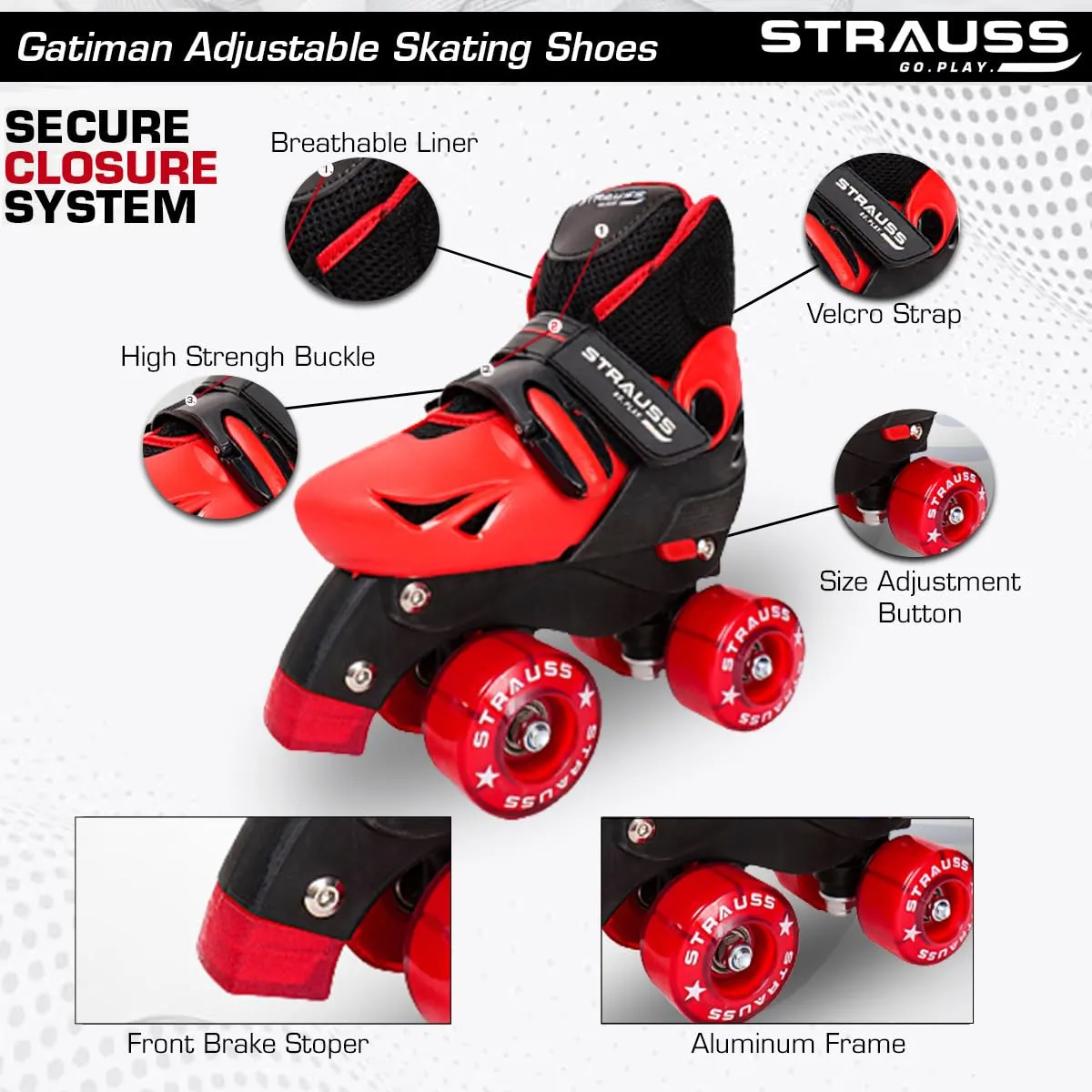 STRAUSS Gatiman Adjustable Skating Shoes | Latest Designed Roller Skates with Break | Ideal for Boys and Girls | Adjustable 4 Wheels Skating Shoe | Size: Senior (Black/Red)