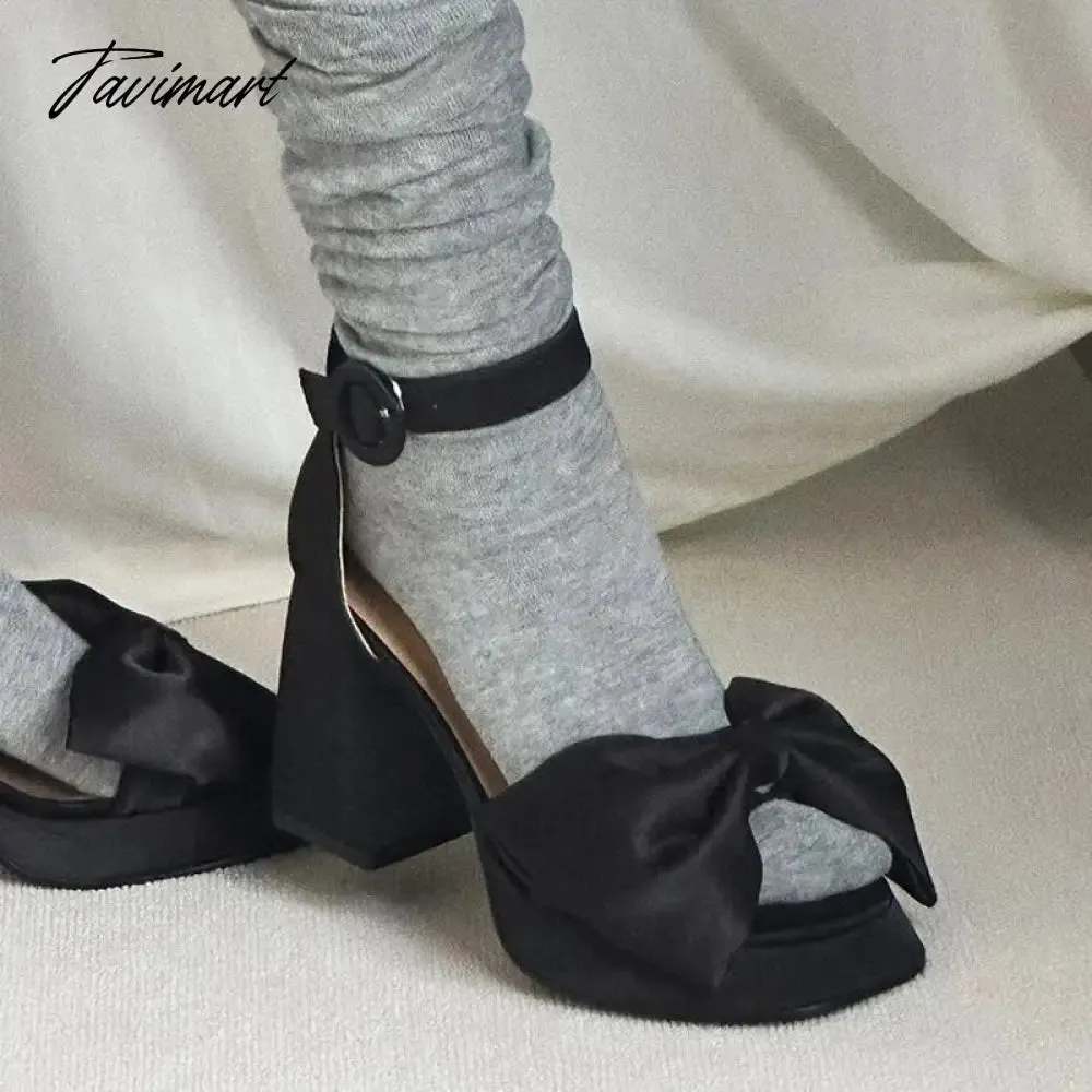 Tavimart Fashion French Style Silks Big Bow Summer Sandals Women Sexy Shoes Party Dress Thick Heel Wedding Sandals