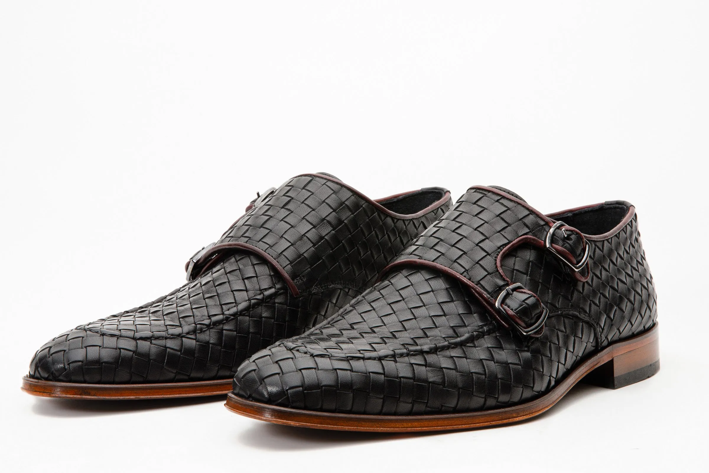 The Turan Black Woven Double Monk Strap Dress Men Shoe