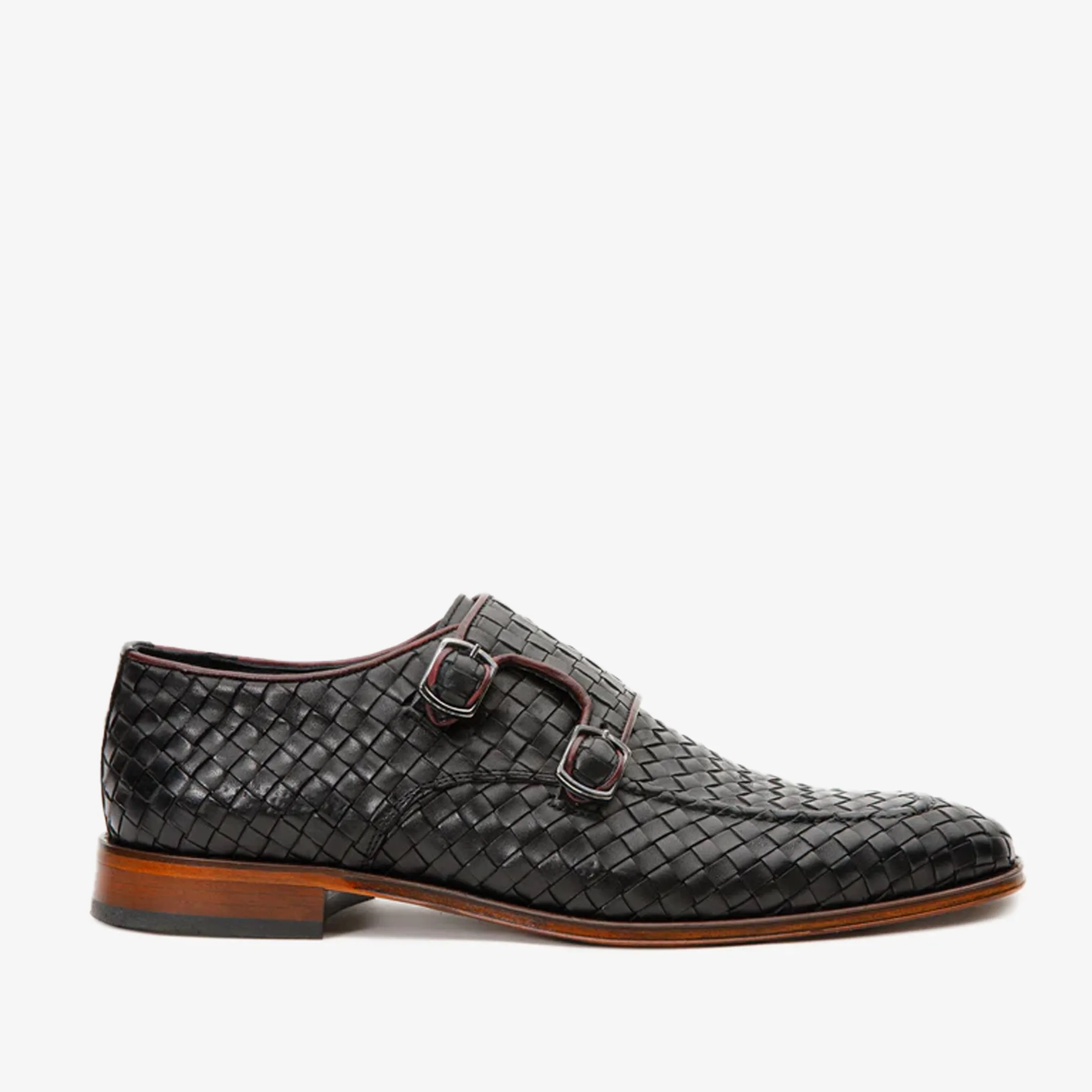 The Turan Black Woven Double Monk Strap Dress Men Shoe