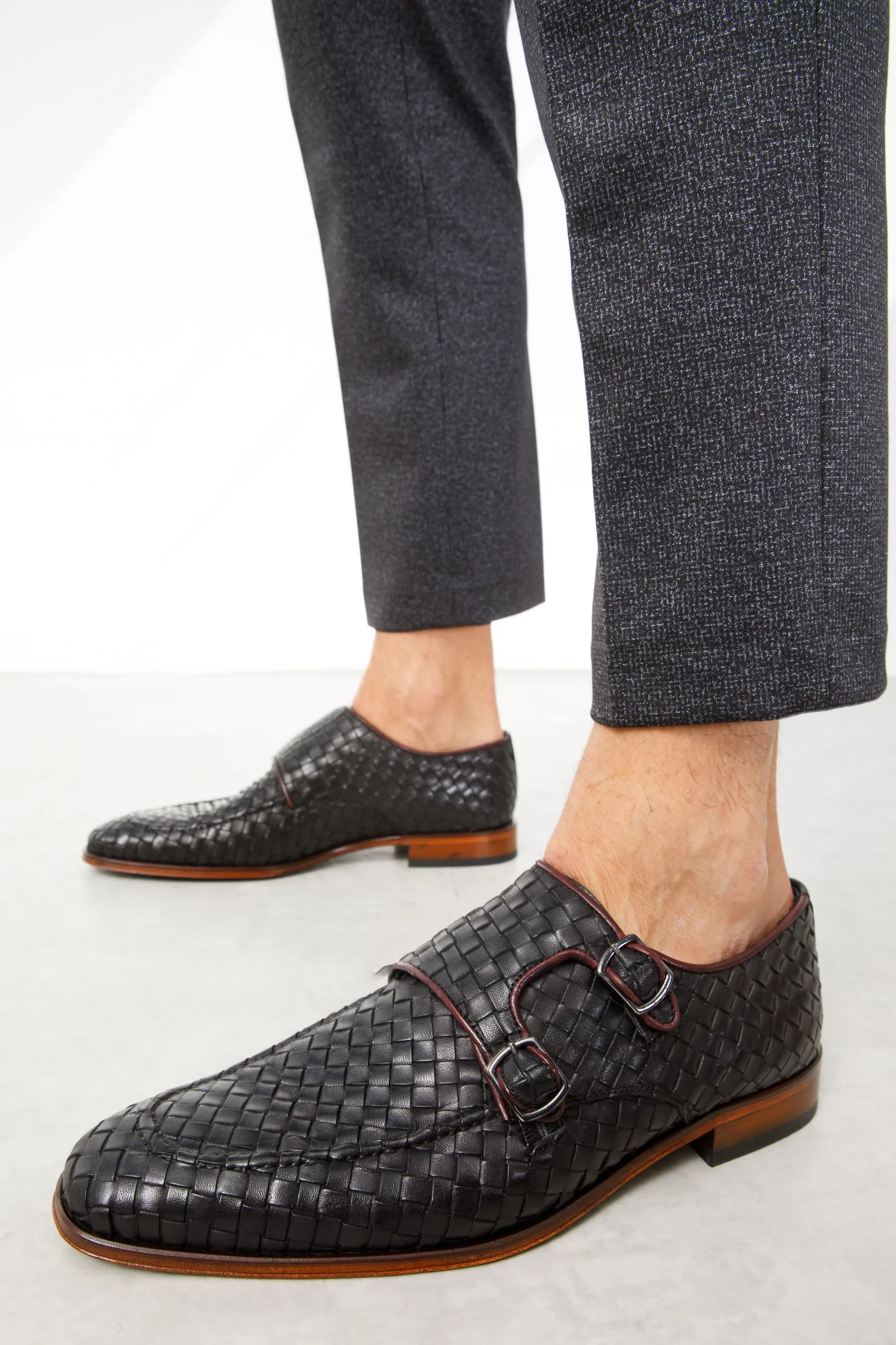 The Turan Black Woven Double Monk Strap Dress Men Shoe