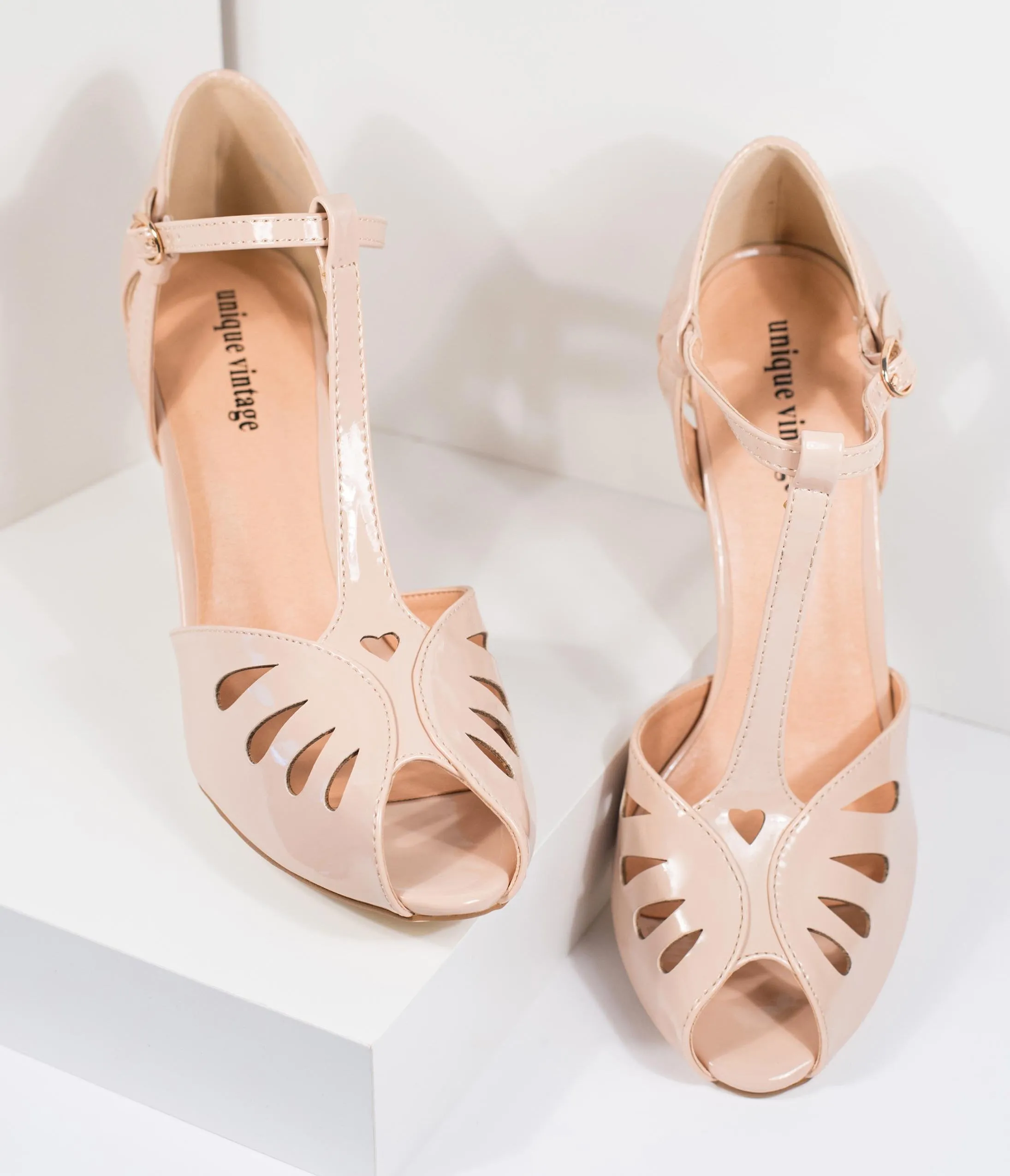 Unique Vintage Beige Patent Leatherette T-Strap Everly Pumps