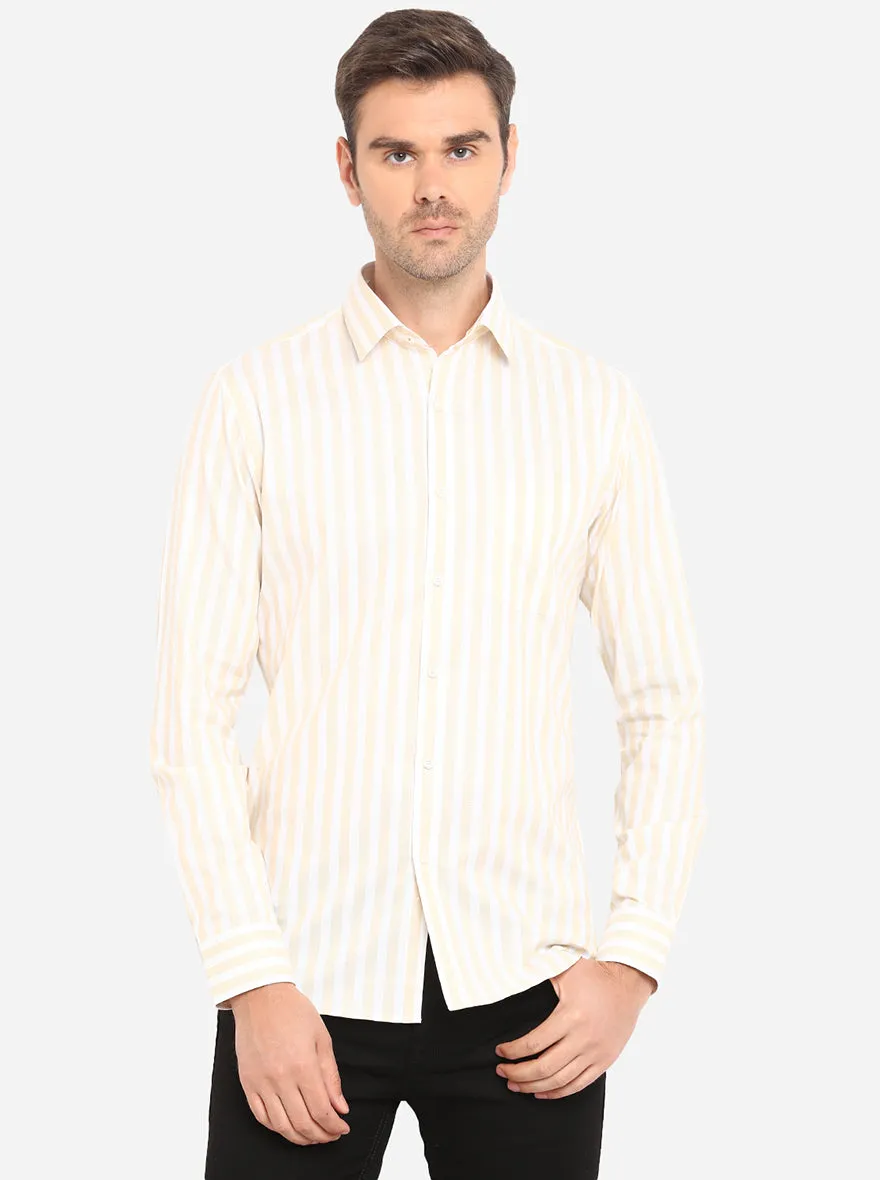 White & Beige Striped Slim Fit Formal Shirt | JadeBlue