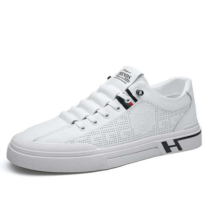 White Casual Summer Board Shoes with Soft Leather Soles and Breathable Design