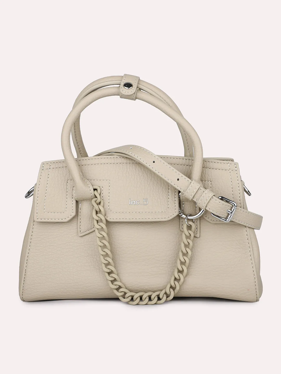 Women Beige Solid Handheld Bag with Detachable Strap and Chain Detailing