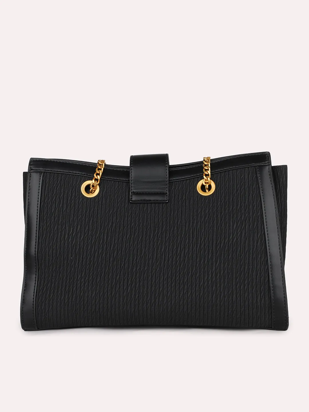 Women Black Textured Canvas Structured Shoulder Bag With Lock detail