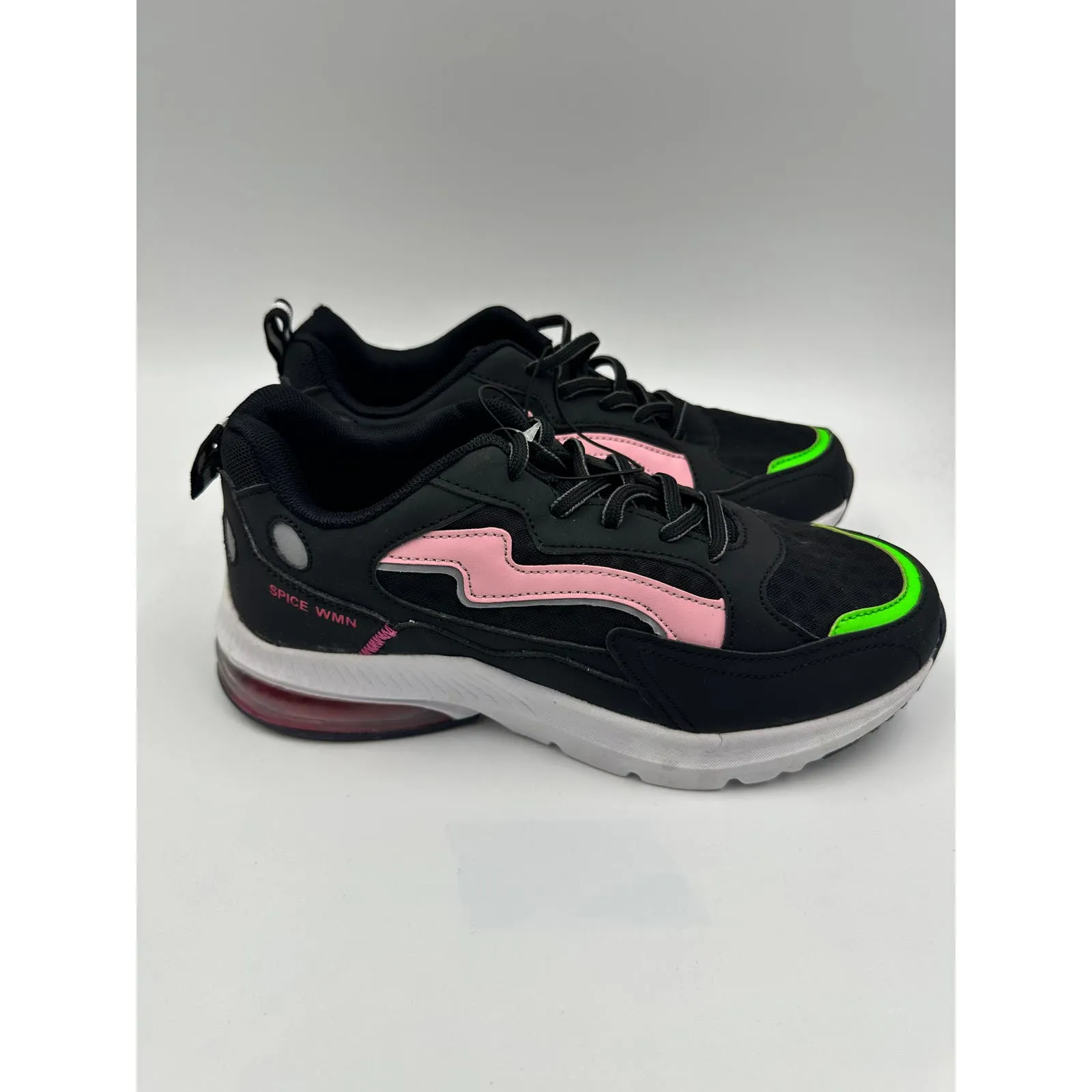 Women's Size 7, Black 90s Style Chunky Sneaker with Pink and Green Accents