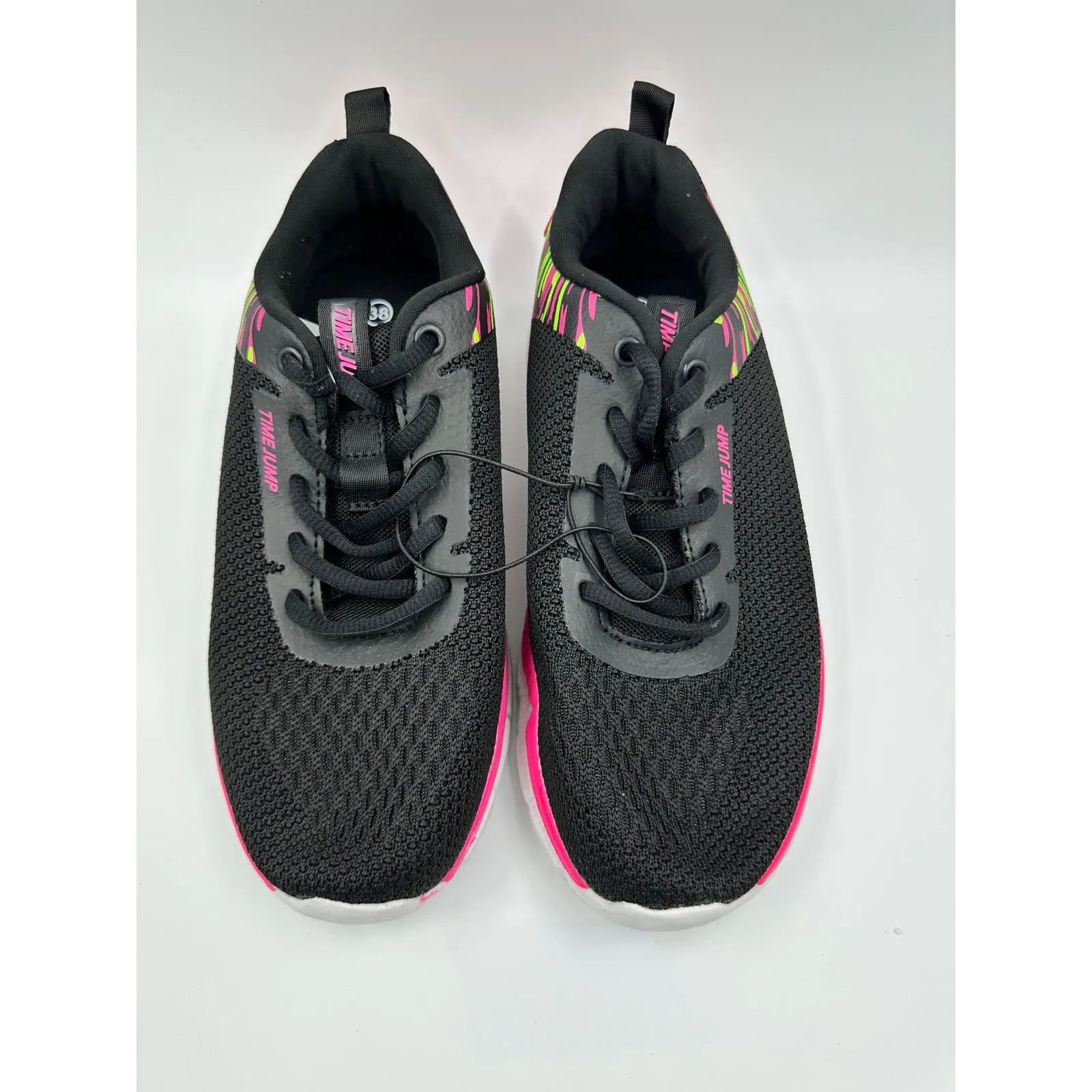 Women's size 8, Black Mesh Sneaker w/ Neon Pink and Green Accents